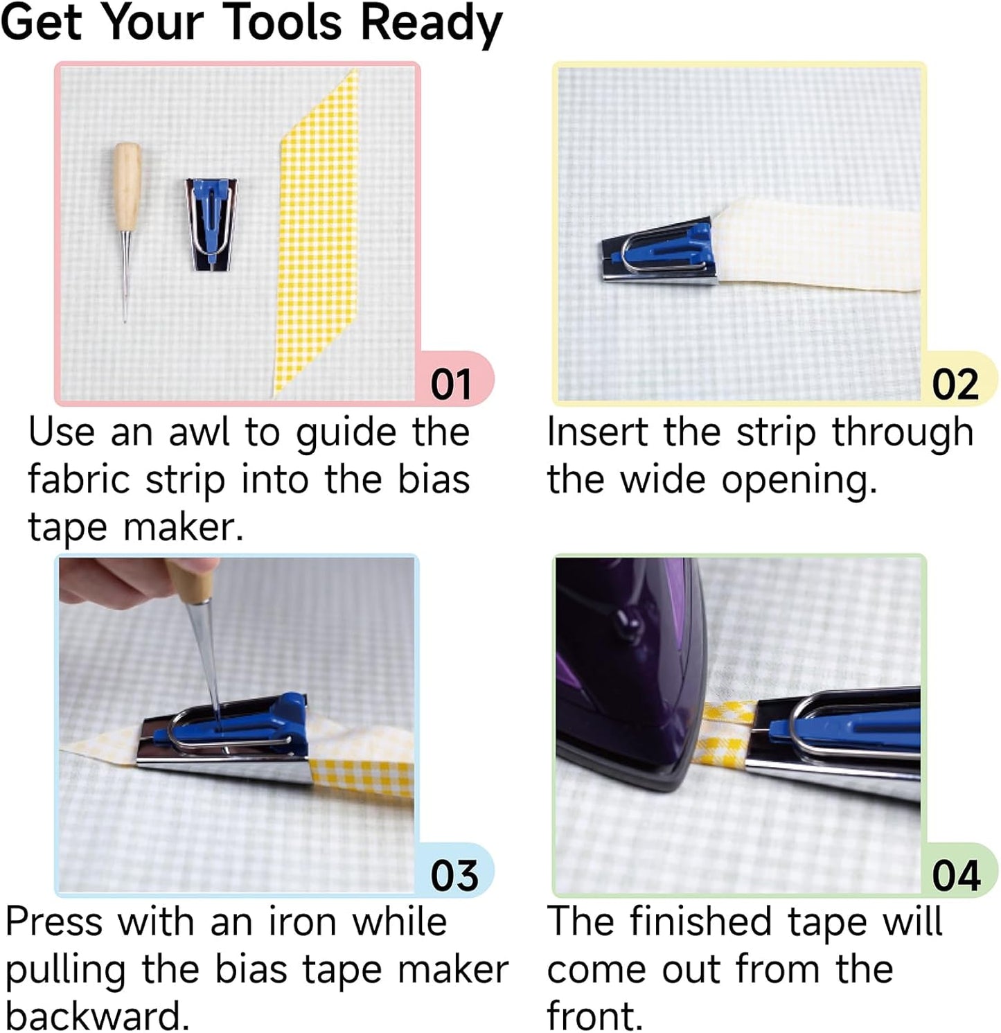 KEARING 5-Size Bias Tape Maker Kit - 1/4" 3/8" 1/2" 3/4" 1" Quilting Tools Set with Metal Guides for DIY Sewing & Fabric Binding | Durable, Non-Slip Design (5-Piece)