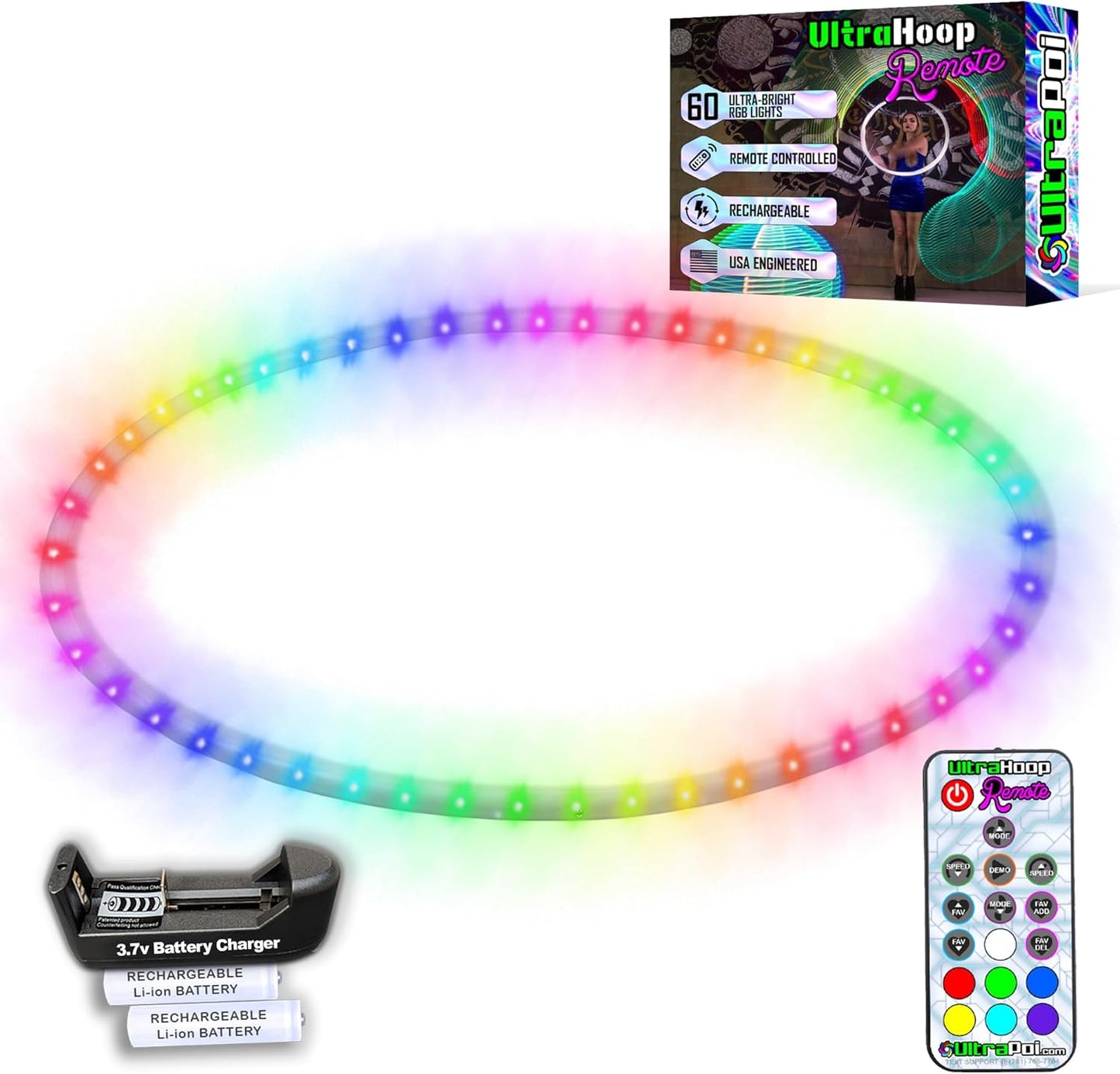 UltraHoop Remote LED Hoop - Wireless Control 60 Color Changing LED Lights w/ 300+ Modes & Patterns - Rechargeable Battery, HDPE Collapsible, Advanced to Beginner Hoola Hoops - 36” x 3/4" OD - UltraPoi