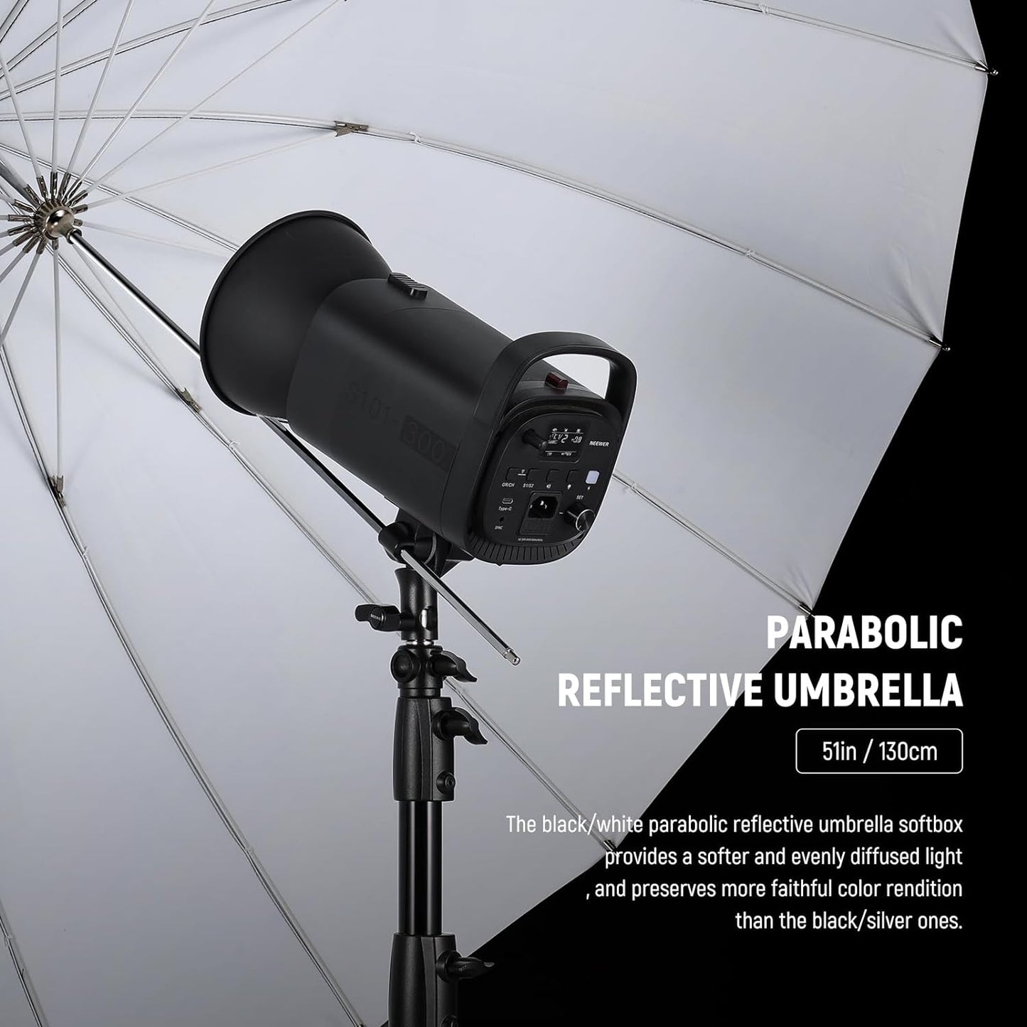 NEEWER 51"/130cm Parabolic Reflective Umbrella Photography with White Inner, Soft Lighting with Diffuser Cover, Bag, Quick Fold for Camera Photo Studio Video Light Shooting Monolight Flash, NS2U