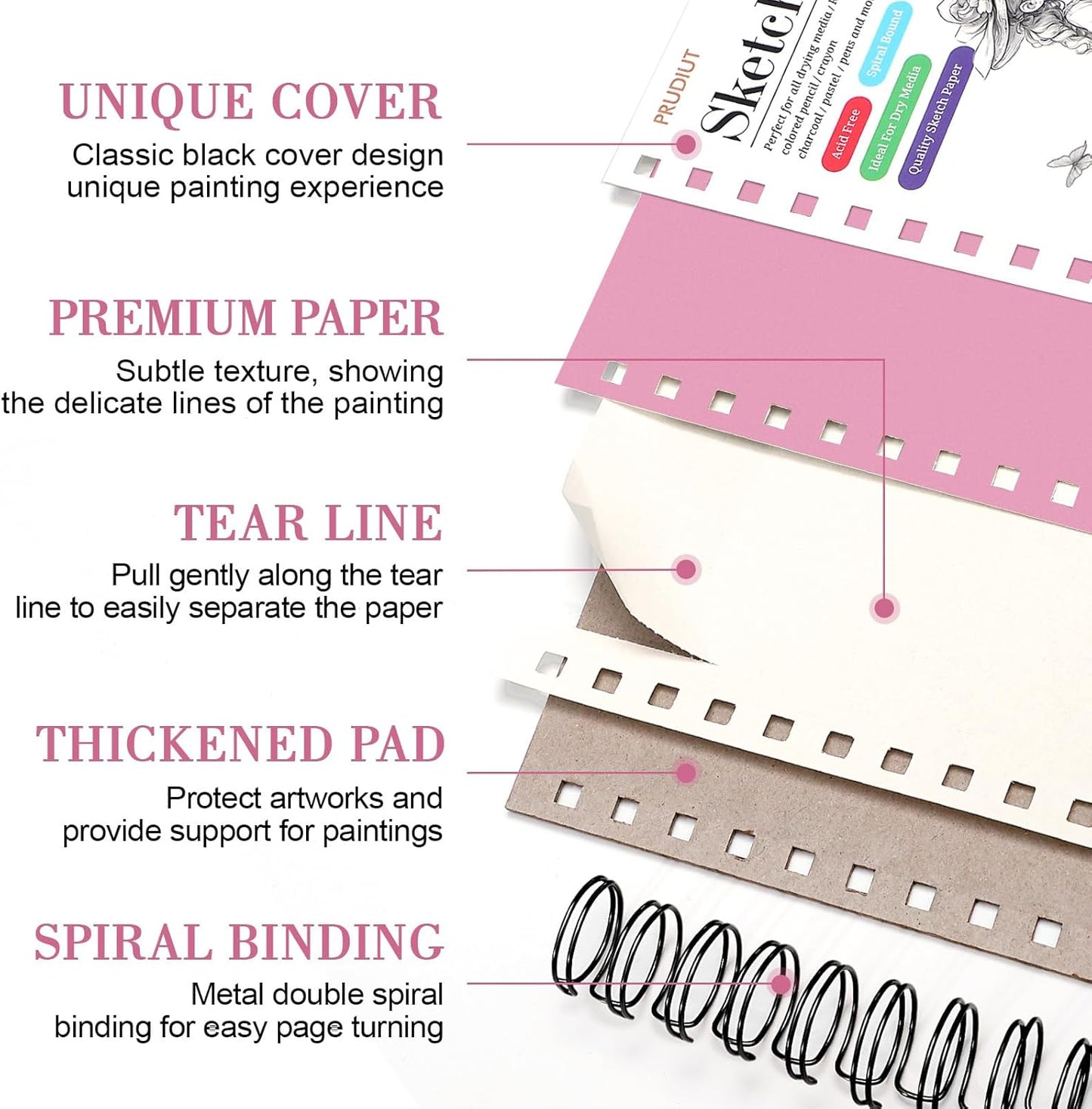 Sketch Book with 12 Color Pencil Set, 90 Sheets Spiral Sketchbook for Drawing (68lb/100gsm), Acid-Free Sketch Pad for Kids Artist, Art Paper Drawing Supplies for Gifts(Pink)