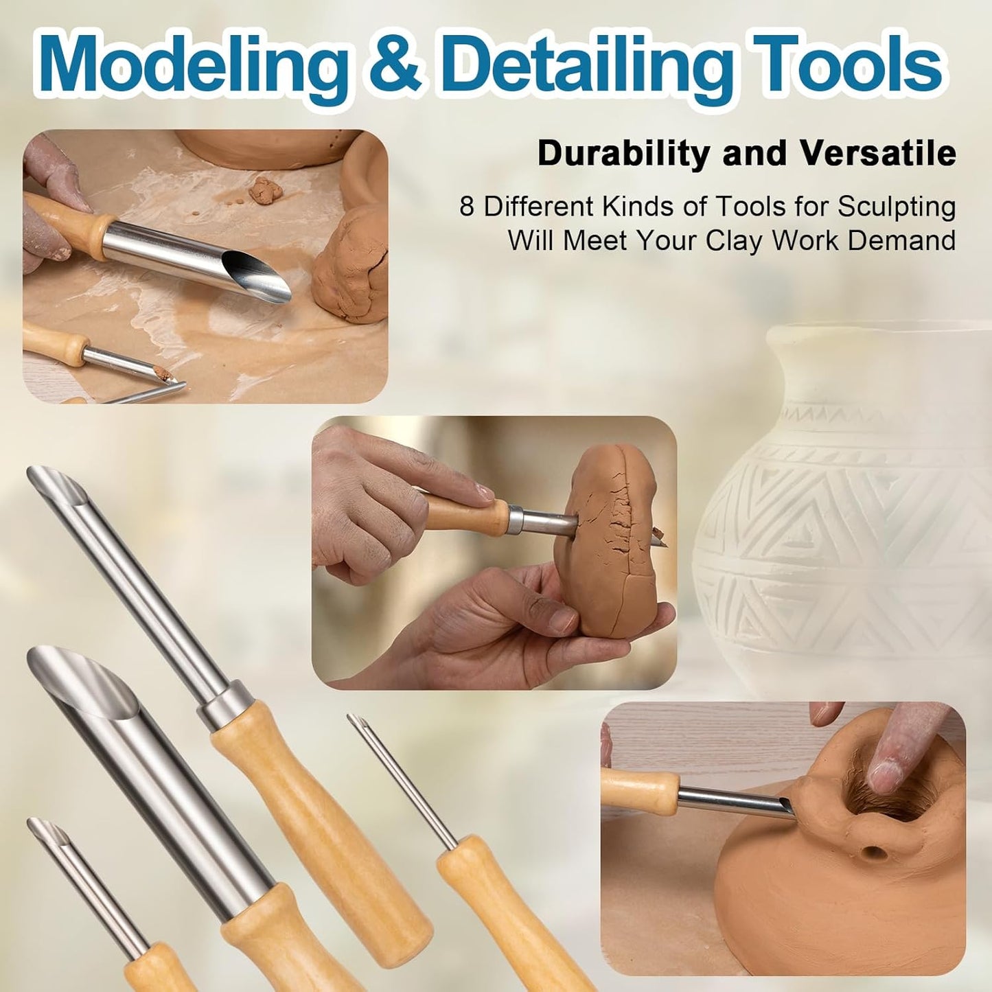 Amrules Clay Tools Kit, 4 PCS Circular Clay Hole Cutters Tools, Wooden Handle and Stainless Steel Sculpting Tools Kit Suitable for Drilling, Carving, Pottery Craft and DIY Projects