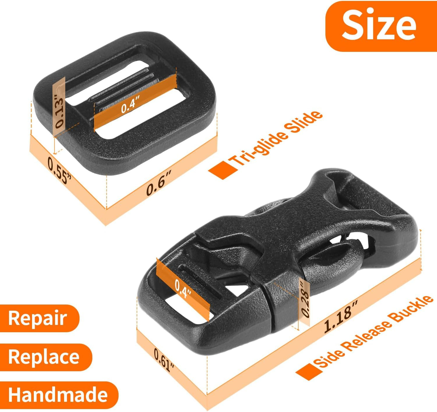 Buckle and Strap Set 3/8", 10 Yards Webbing Strap, 10-Pack Dual Adjustable Side Release Plastic Buckles, 20 Tri-Glide Slider Clips, Black (3/8 Inch Combo Set)