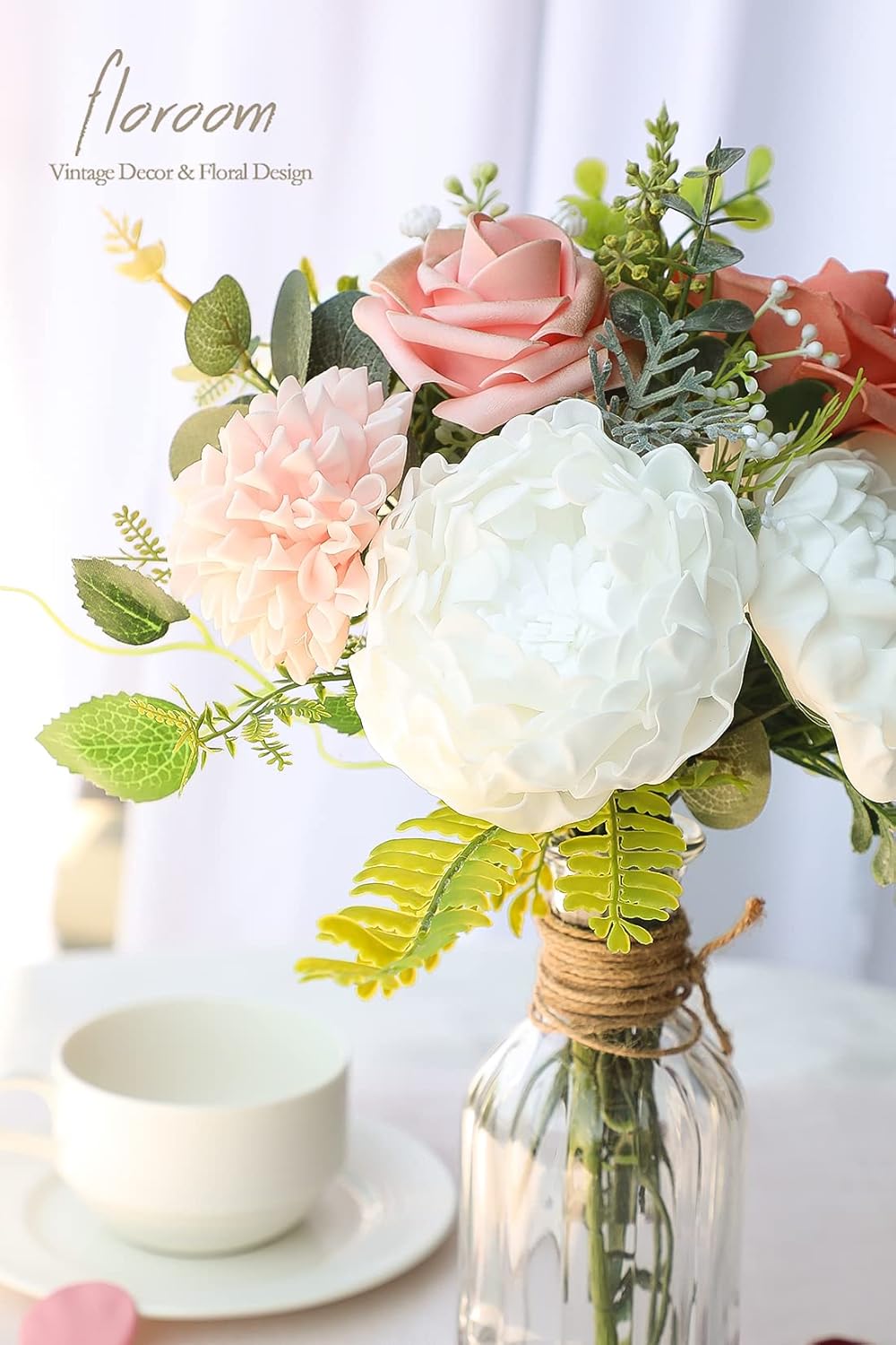 Floroom Artificial Flowers 16pcs 4" White Blooming Peonies Real Looking Foam Fake Peony with Stems for DIY Wedding Bouquets Bridal Shower Centerpieces Floral Arrangements Party Tables Home Decorations