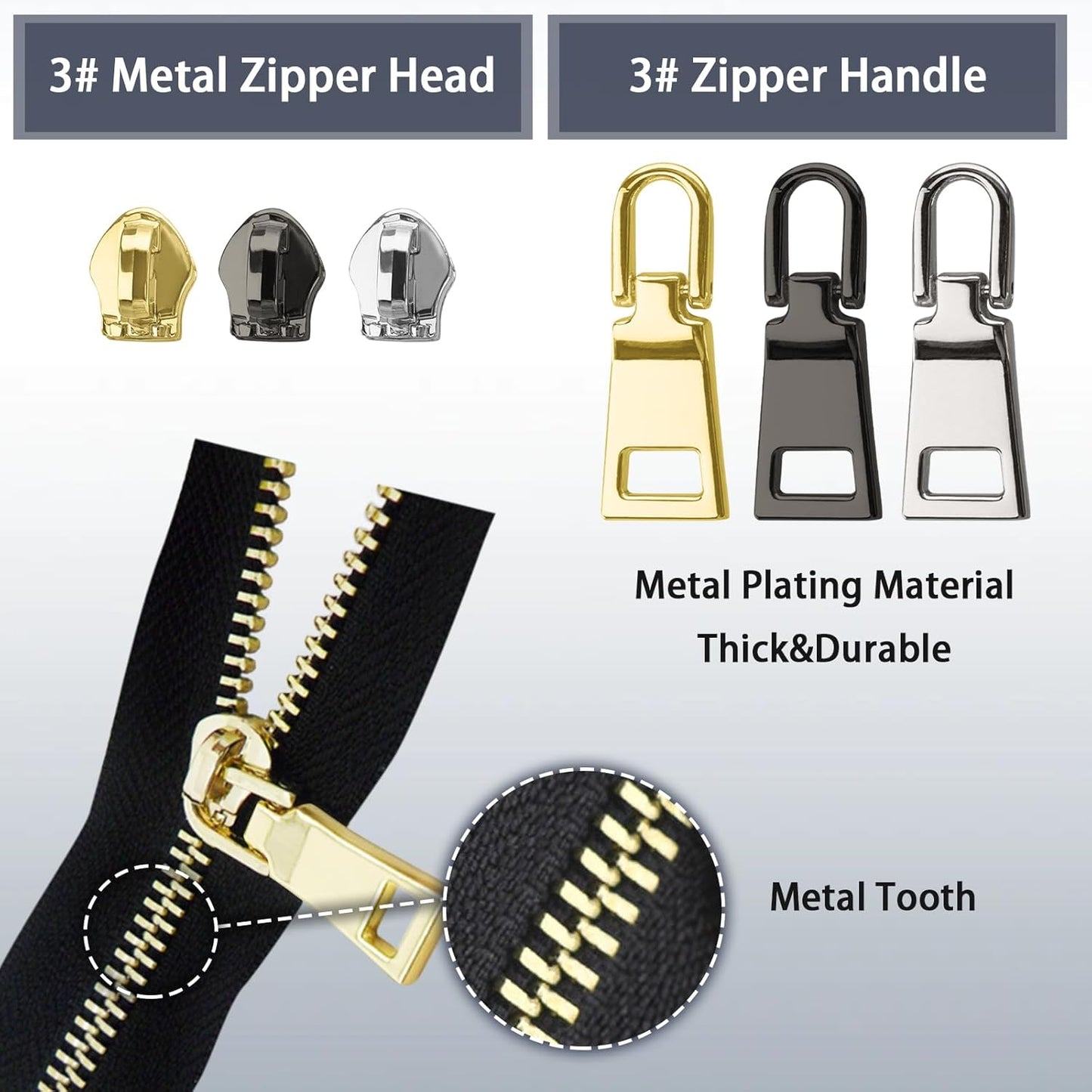 VICHERIA Zipper Repair Kit (45 Pcs), Universal Size #3 Zippers for Sewing, Replacement Slider Pull Fix Kit for Jackets, Coat, Boot, Backpack, Purse