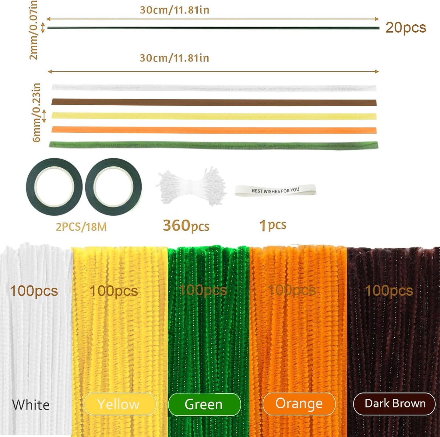 500 Pcs Pipe Cleaners Craft，5 Colors Pipe Cleaners Bulk,Chenille Stems Flowers Craft kit for DIY Handmade Bouquet Wrapping Party Decorations whit Ribbons，Stems,Tape，Stamens, Glue Sticks (Sunflower)