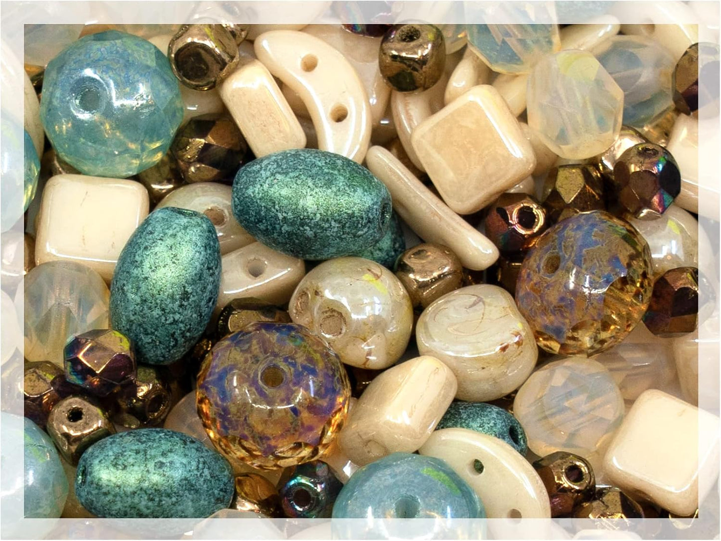 2.1oz (60 g) Mix of Unique Czech Bohemia Glass Pressed Beads, Matte and Glossy, Hand Made, Beige Blue Luster