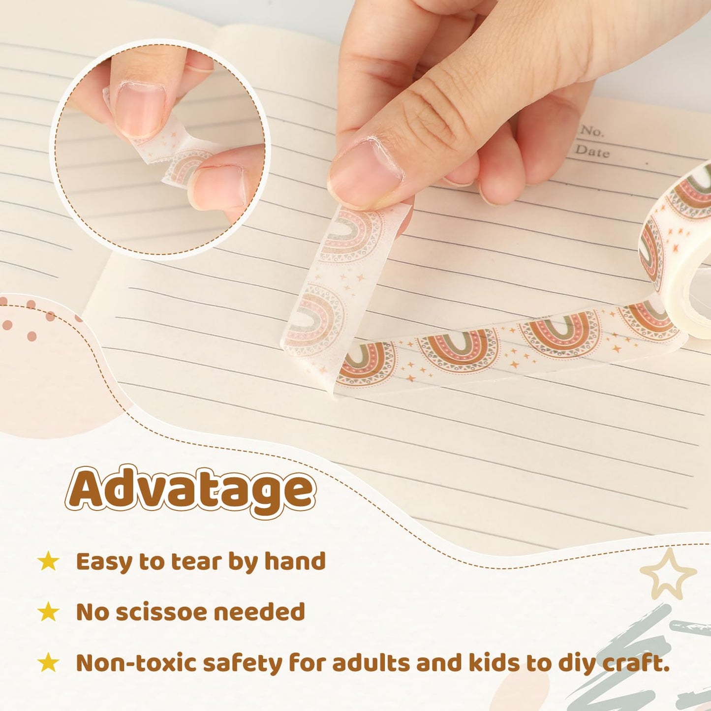 12 Rolls Washi Tape Set, Retro Boho Vintage Colored Rainbow Sun Stars Masking Tapes, Doodle Hand-Drawn Decorative Adhesive Tapes for Planners, Scrapbook, Journal, DIY Art Crafts, Gift Wrapping 16.4Ft