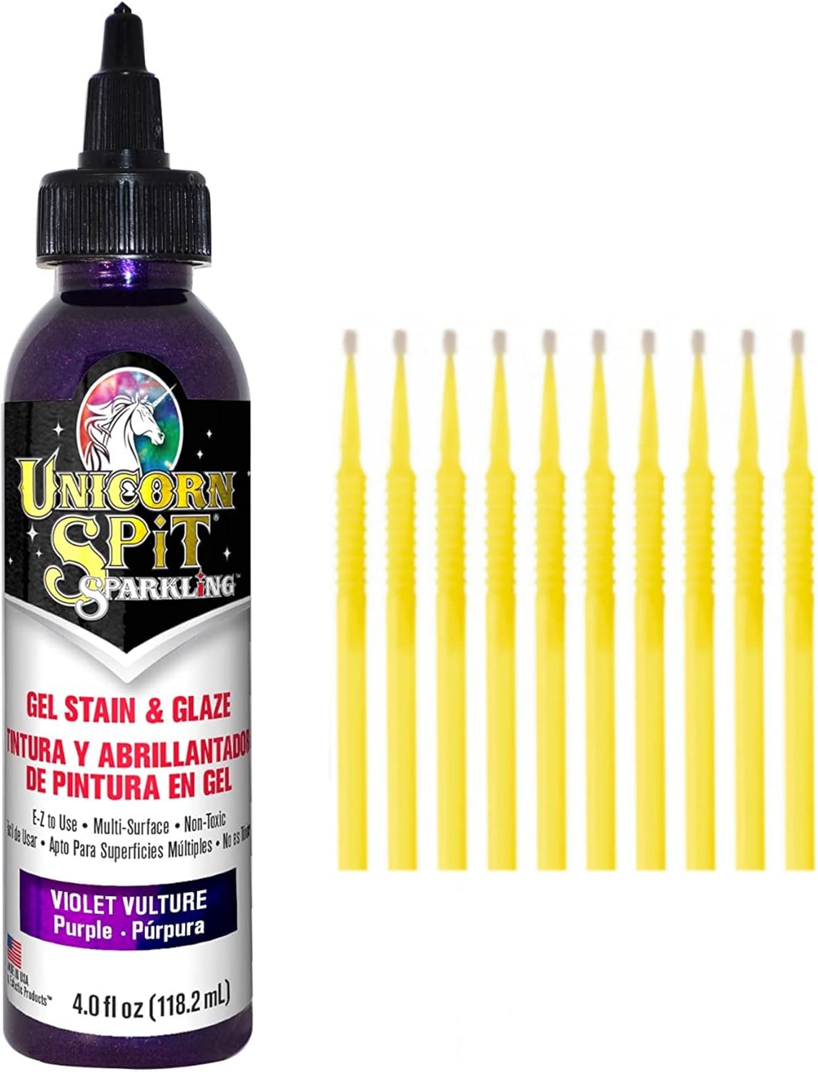 Unicorn SPiT Gel Stain and Glaze in One - Sparkle Violet Vulture 4 oz. Bottle Detail Sticks
