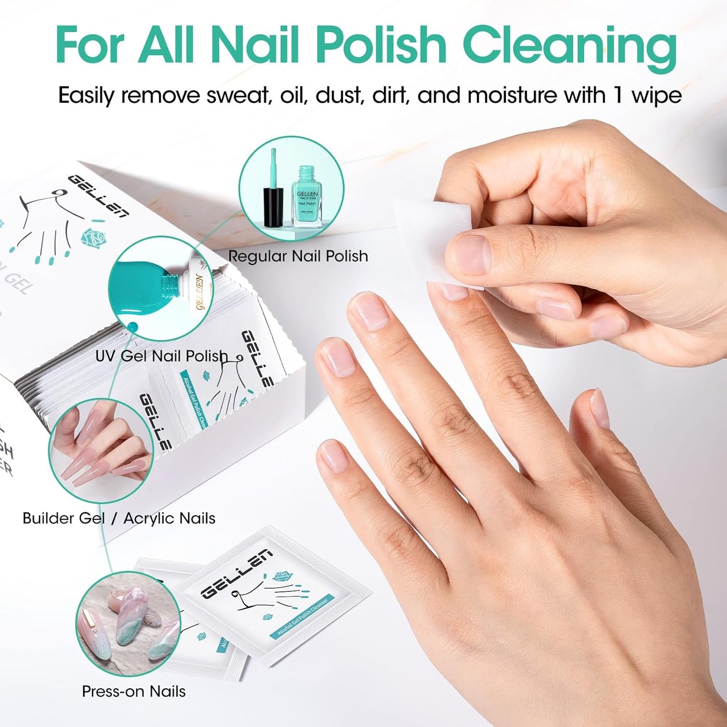 Gellen 400 Pack Nail Cleanser Pads, Alcohol Pads for Nails, Individually Wrapped Nail Prep Pads, Lint-free Tacky Layer Residue Remover Wipes for Acrylic & Builder Gel Polish Press-ons