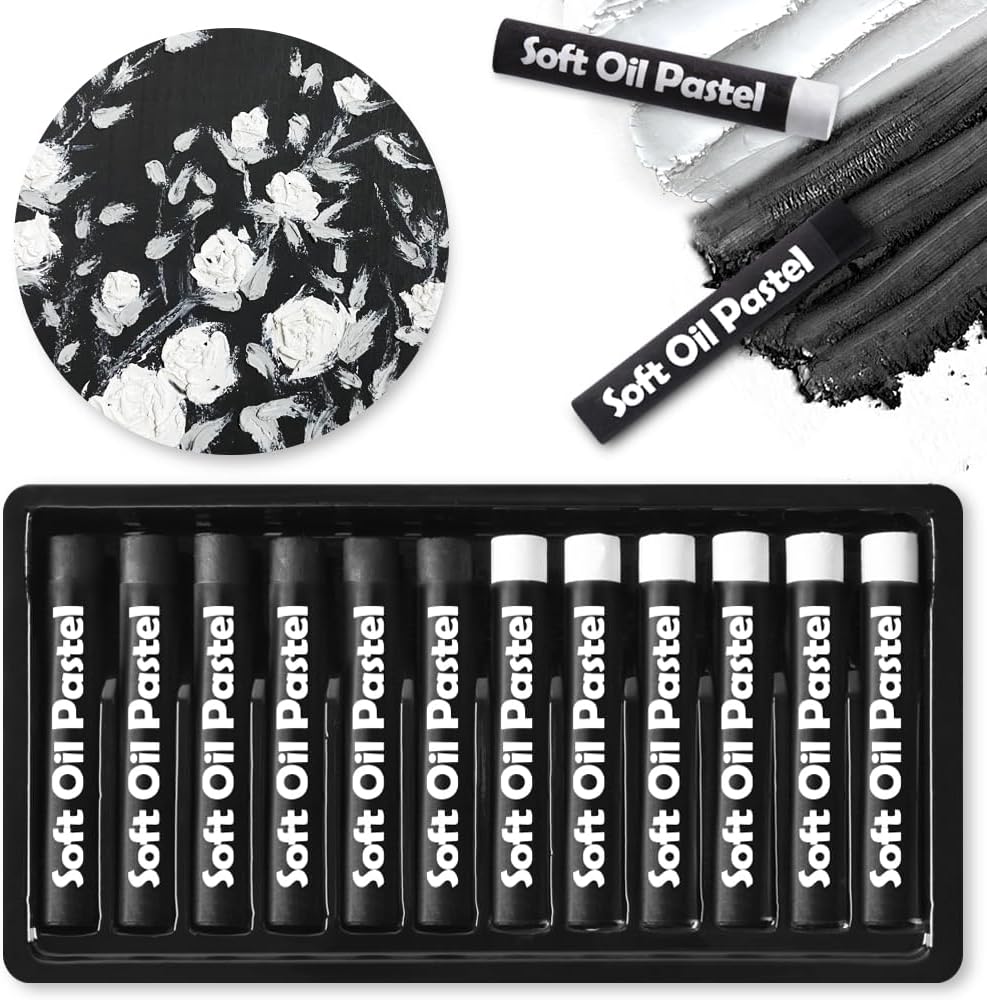 Mifuner Soft Oil Pastels Set (12 Sticks,2 Colors),Colors Heavy Oil Pastels Vibrant and Creamy,Pastel Art Supplies for Artists,Gallery Oil Painting Stick,Adult Art Drawing White and Black