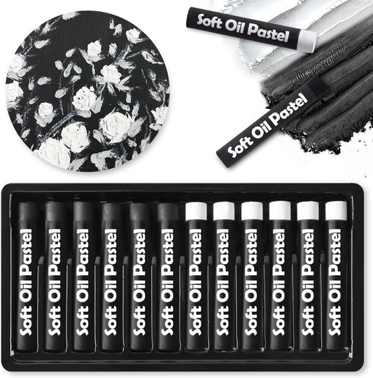 Mifuner Soft Oil Pastels Set (12 Sticks,2 Colors),Colors Heavy Oil Pastels Vibrant and Creamy,Pastel Art Supplies for Artists,Gallery Oil Painting Stick,Adult Art Drawing White and Black