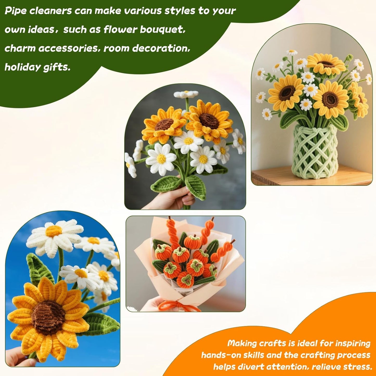 400 Pieces Craft Pipe Cleaners Bulk,Floral Stems for Pipe Cleaner Flowers with Floral Wires, Gardening Tape,Hot Glue Stick,Greeting Card,Bouquet Paper, Stamen & Ribbon,Festival Gifts for Kid,Adult