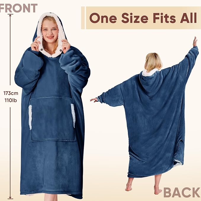 yescool Wearable Blanket Hoodie, Flannel Sherpa Fleece Blanket Sweatshirt for Adults Women Men,One Size Fits All