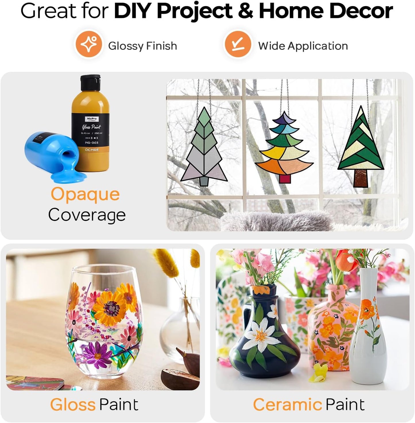 Nicpro 18 Colors Acrylic Glass Paint Set (8.45 oz, 250 ml) Large Bulk Enamel & Ceramic Painting Supplies Kit for Wine Bottle Glass Jars Windows with Sponge & Art Knife, Opaque Gloss Finish