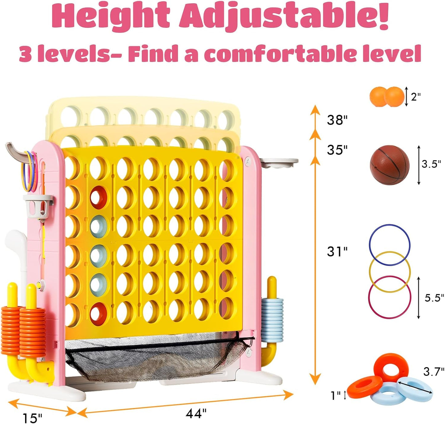 Giant 4 in a Row Connect Game with Mesh Fabric | Height Adjustable 4-in-1 Jumbo 4-to-Score Yard Game Set with Basketball, Golf & Ring Toss | Outdoor Indoor Family Yard Party Game for Kids & Adults