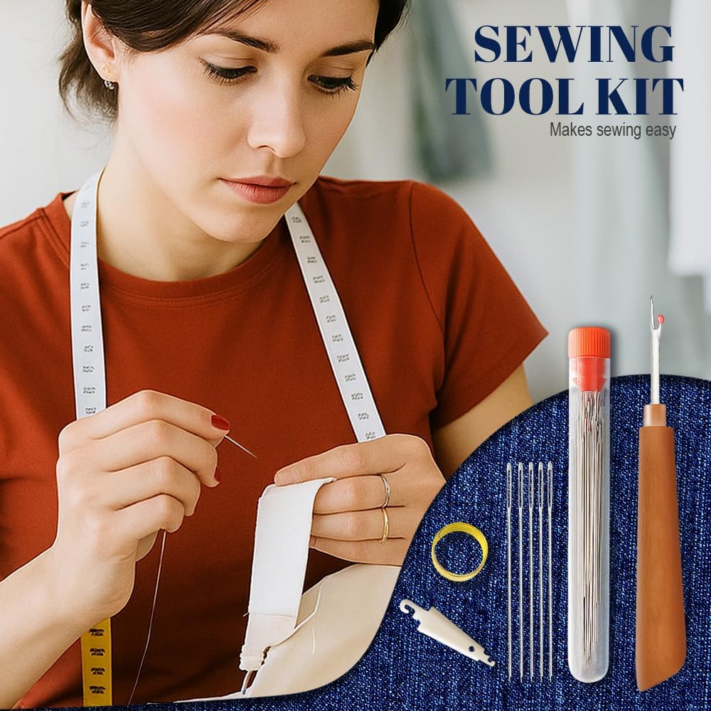 Big Eye Steel Sewing Needles Kit, 37PCS Sewing Tool Set, Portable Needle and Thread Kit for Leather Sewing DIY Craft Set, Large-Eye Stitching Needles Sewing Repair Kit for Beginners, Older