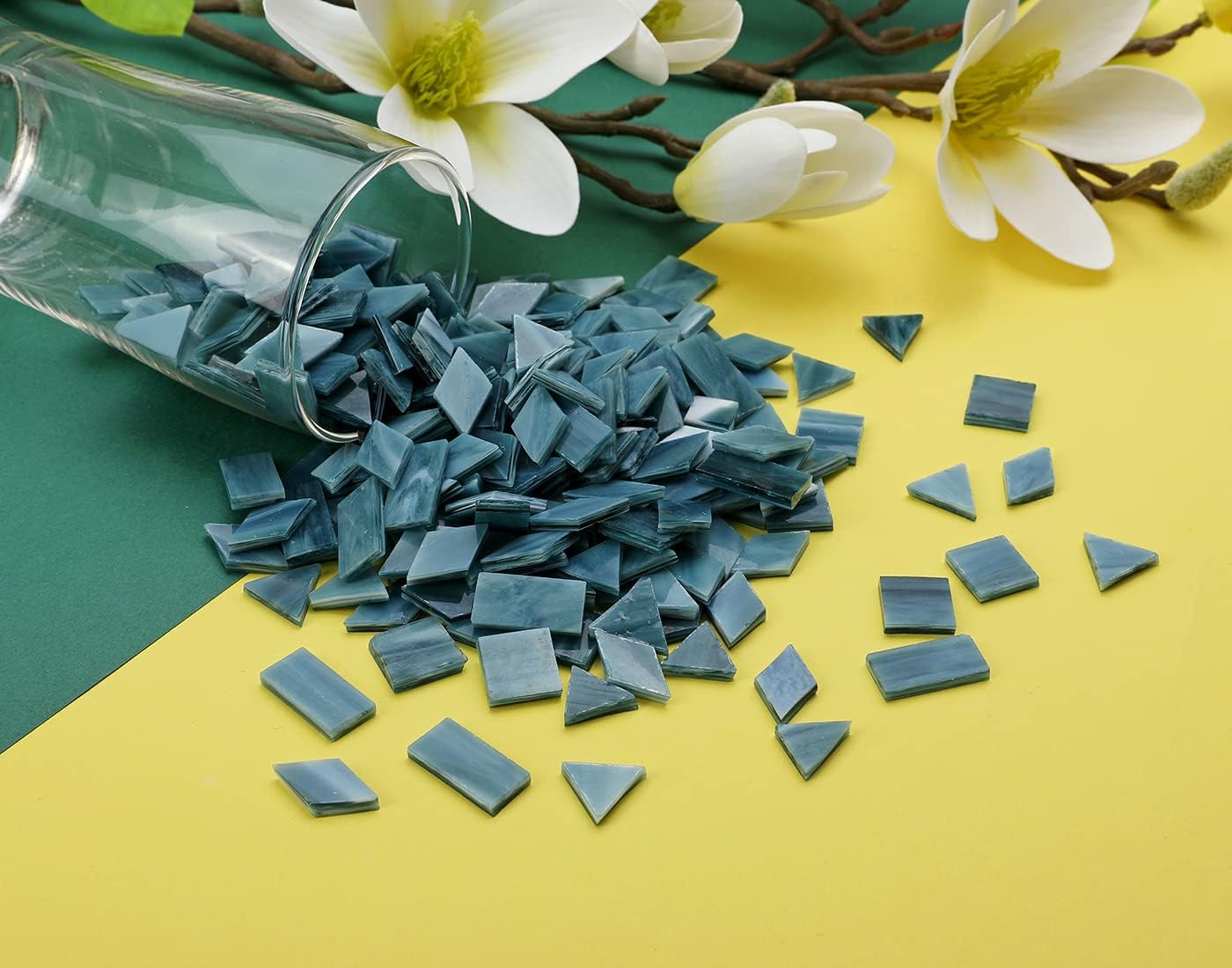 Lanyani Glass Mosaic Tiles - Mixed Colorful Shapes (Square, Rectangle, Diamond, Triangle) - 200 Pieces - Grey