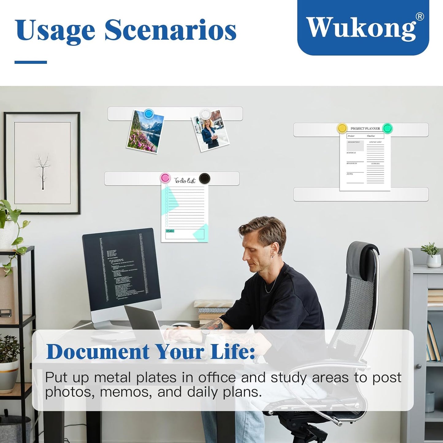 Wukong 8 Pack | 30x3cm(11.81 x 1.18) Magnetic Stainless White Boards Strips, Adhesive Backing Bulletin Bar Board, Memo Board with 32Pcs Colorful Magnets for Office, Home, Photo Wall, Documents