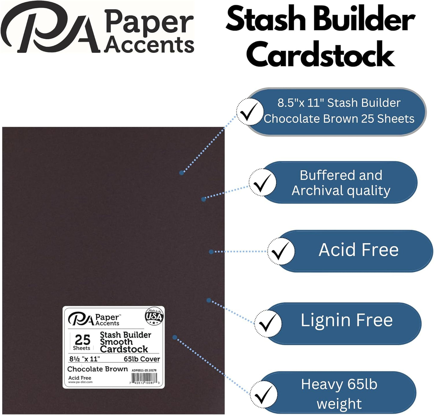 PA Paper Accents Stash Builder Cardstock 8.5" x 11" Chocolate Brown, 65lb colored cardstock paper for card making, scrapbooking, printing, quilling and crafts, 25 piece pack
