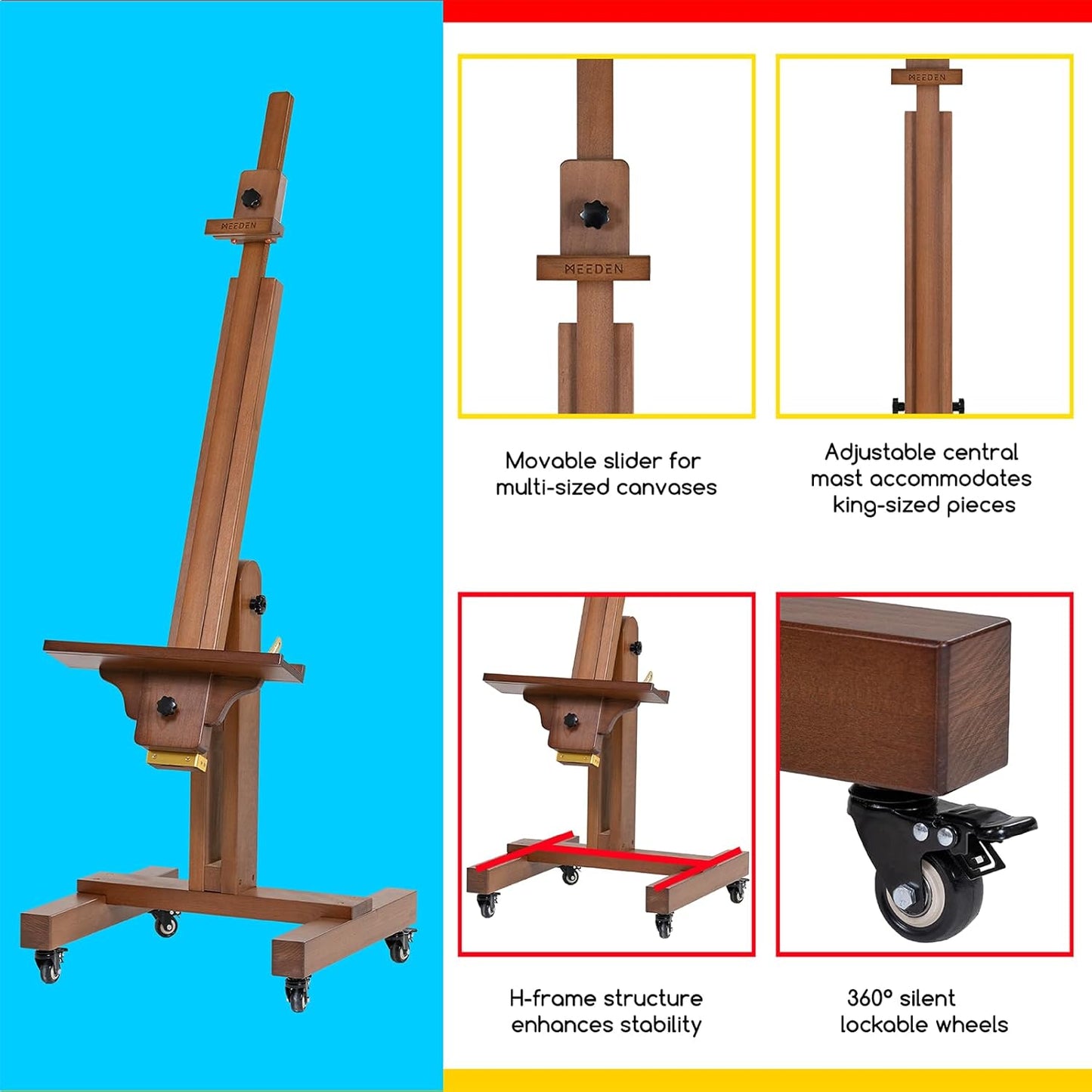 MEEDEN Extra Large Painting Easel: Solid Beech Wood Artist Studio Easel - Professional Art Easel Stand for Adults - Adjustable Movable Tilting Easels for Canvas up to 71"
