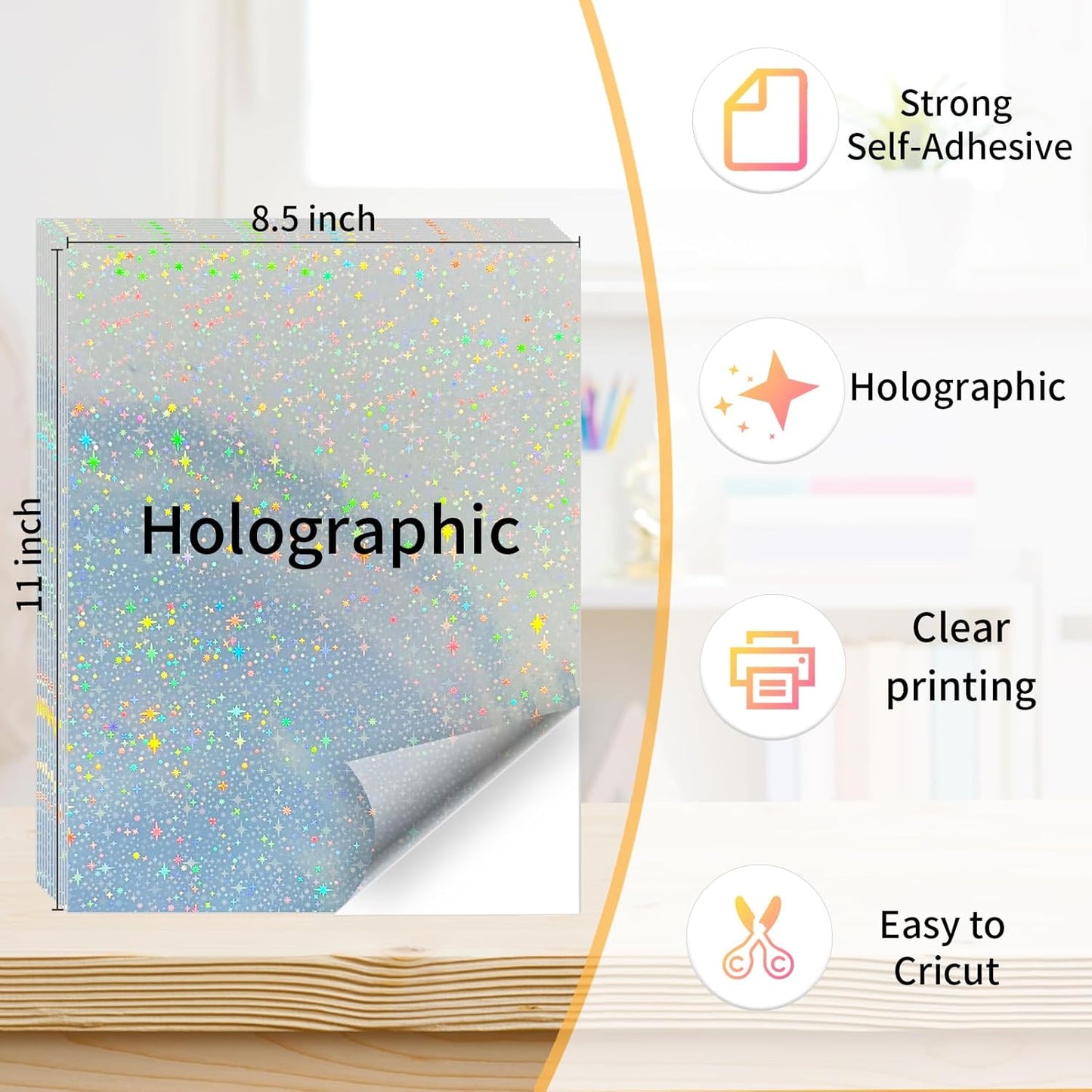 Printable Sticker Paper, 20 Sheets Printable Holographic Star Sticker Paper, Laser/Inkjet Printing- Holographic, Letter Size (8.5" x 11")