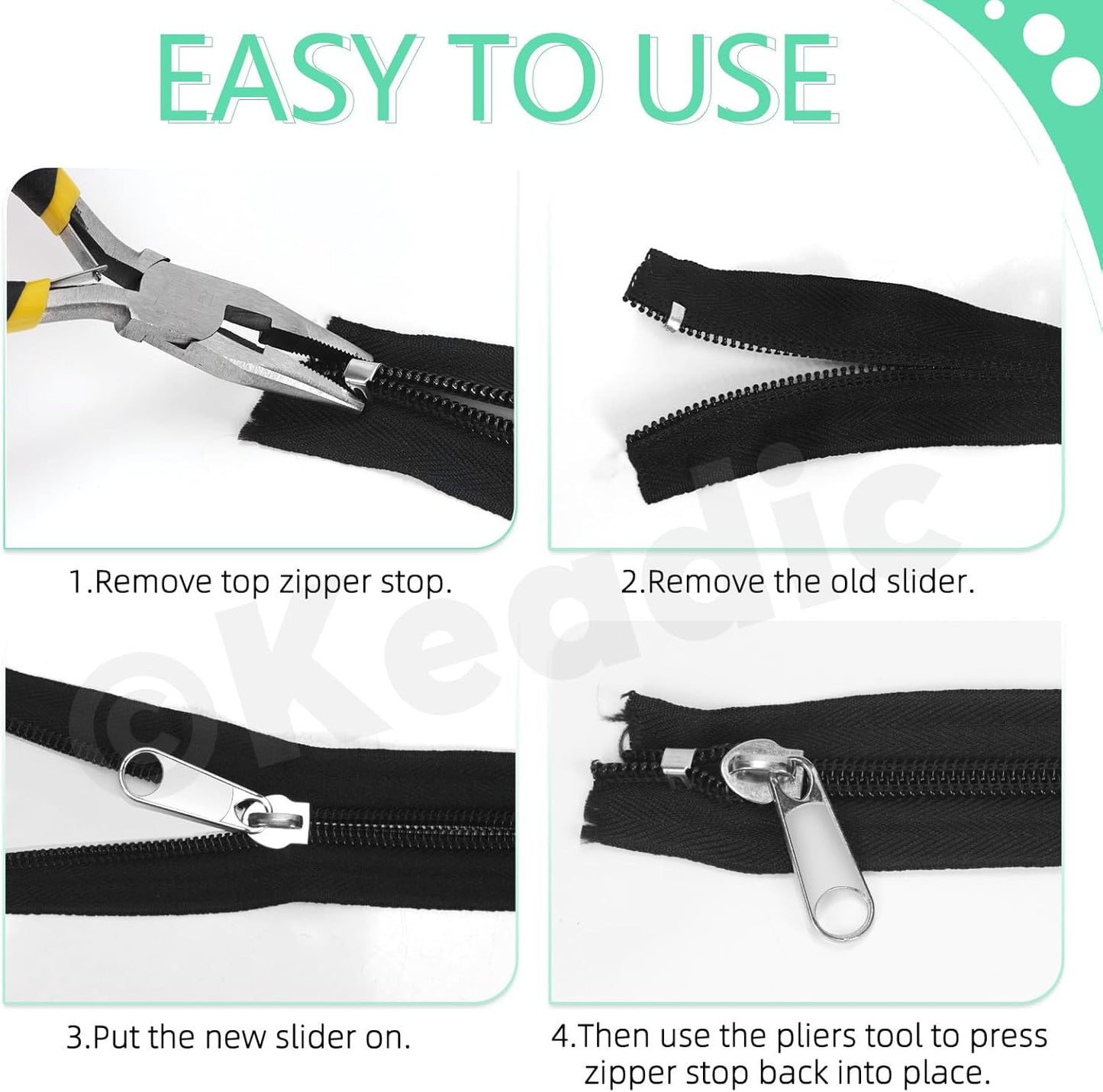 Keadic 144Pcs Zipper Repair Kit With 3/5/8 Sizes, Extension Pull, Top/Bottom Stops, Replacement Zippers, Pliers for Metal, Plastic, Nylon Coil Repair