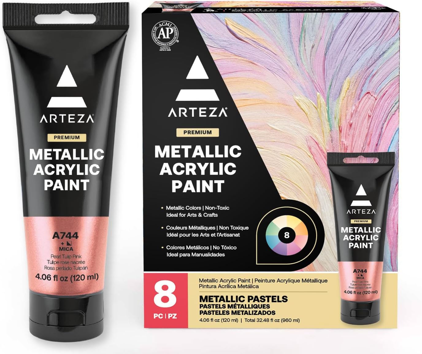ARTEZA Pastel Acrylic Paint, Set of 8, Metallic Tones, 4.06 fl oz Tubes, High Viscosity Water-Based Paint, Glossy Finish, Art Supplies for Painting Paper, Canvas, Wood and Fabric, and DIY Projects