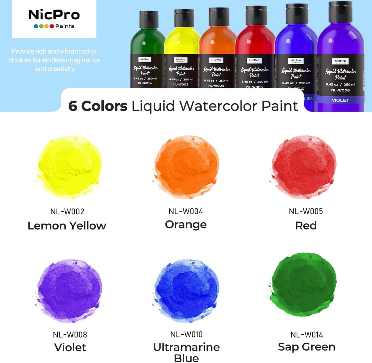 Nicpro 6 Colors Liquid Watercolor Paint Set, 8.45oz Large Bottle Liquid Watercolor Paint, Non-Toxic Water Colors Painting Supplies for Art Activity, Craft DIY, Poster, School, Home, Classroom, Party
