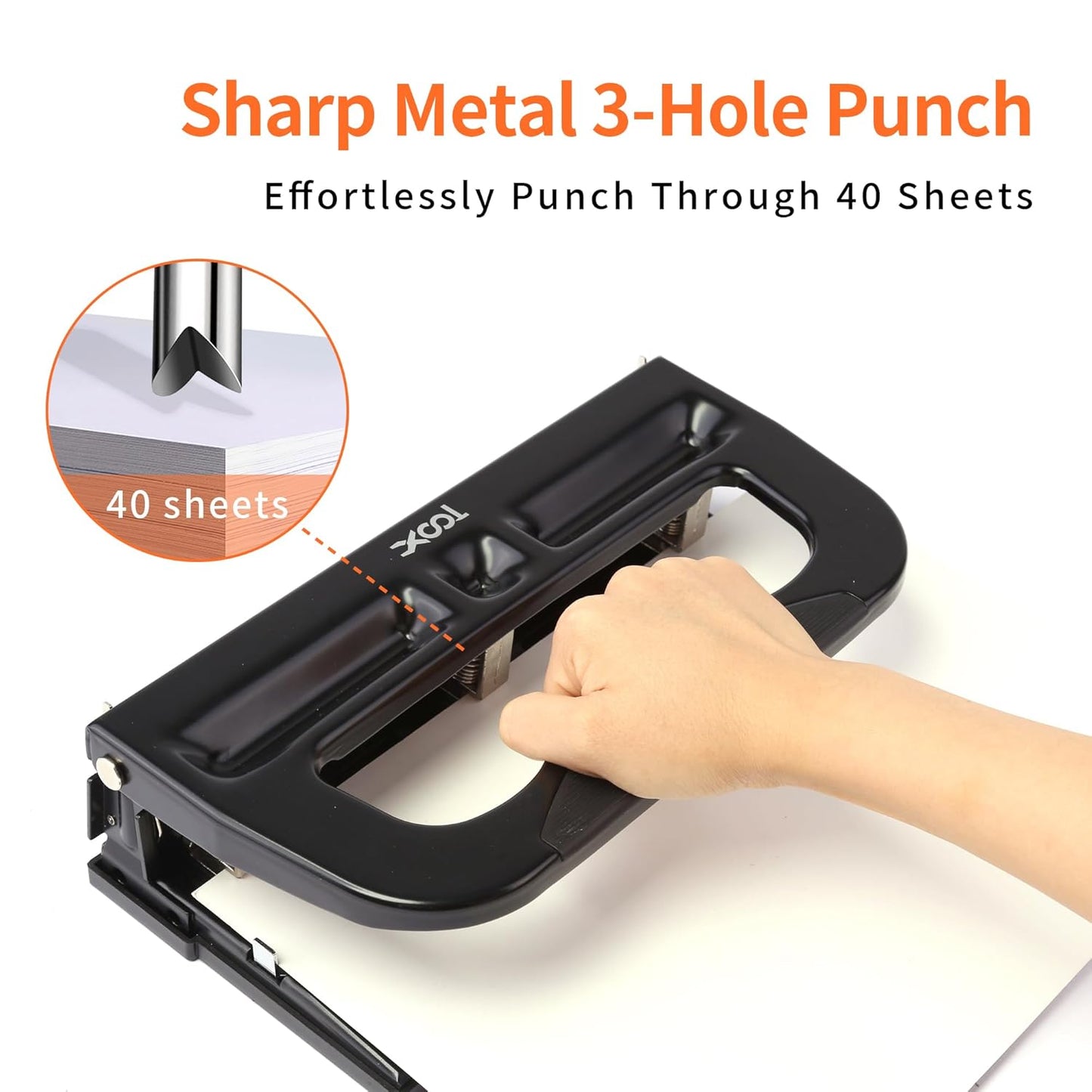 XOOL 3 Hole Punch, Heavy Duty Metal Hole Puncher for 2 or 3 Holes, 9/32" 7mm Hole Diameter, 40-Sheet Capacity, Adjustable Hole Spacing, Non-Slip Base for Office & School