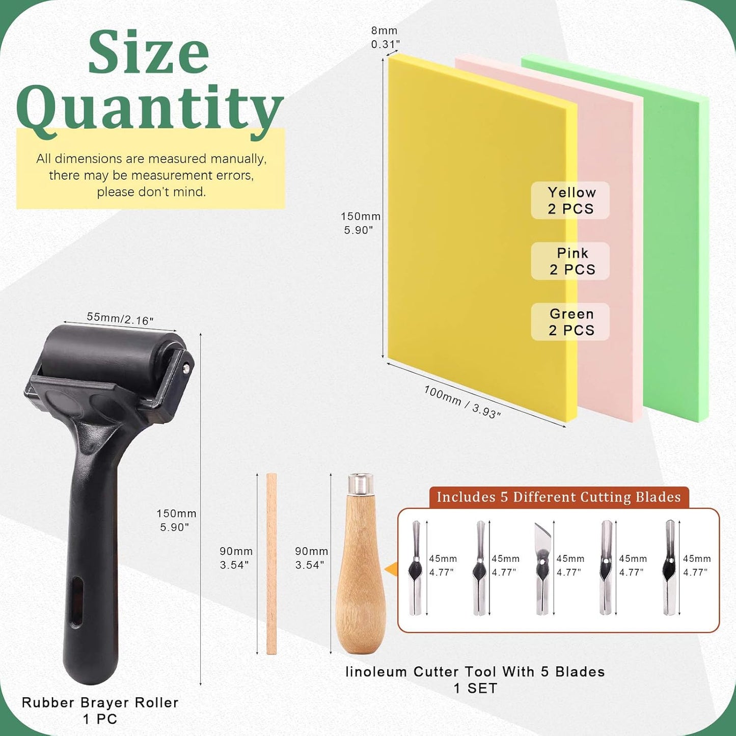 Keadic 12Pcs Soft Rubber Carving Blocks Kit, Comes with Linoleum Cutter Tools & 2 Inches Rubber Roller Brayer Rollers Glue Roller for Ink Paint Block Stamping, Printmaking Wallpaper and Arts & Crafts