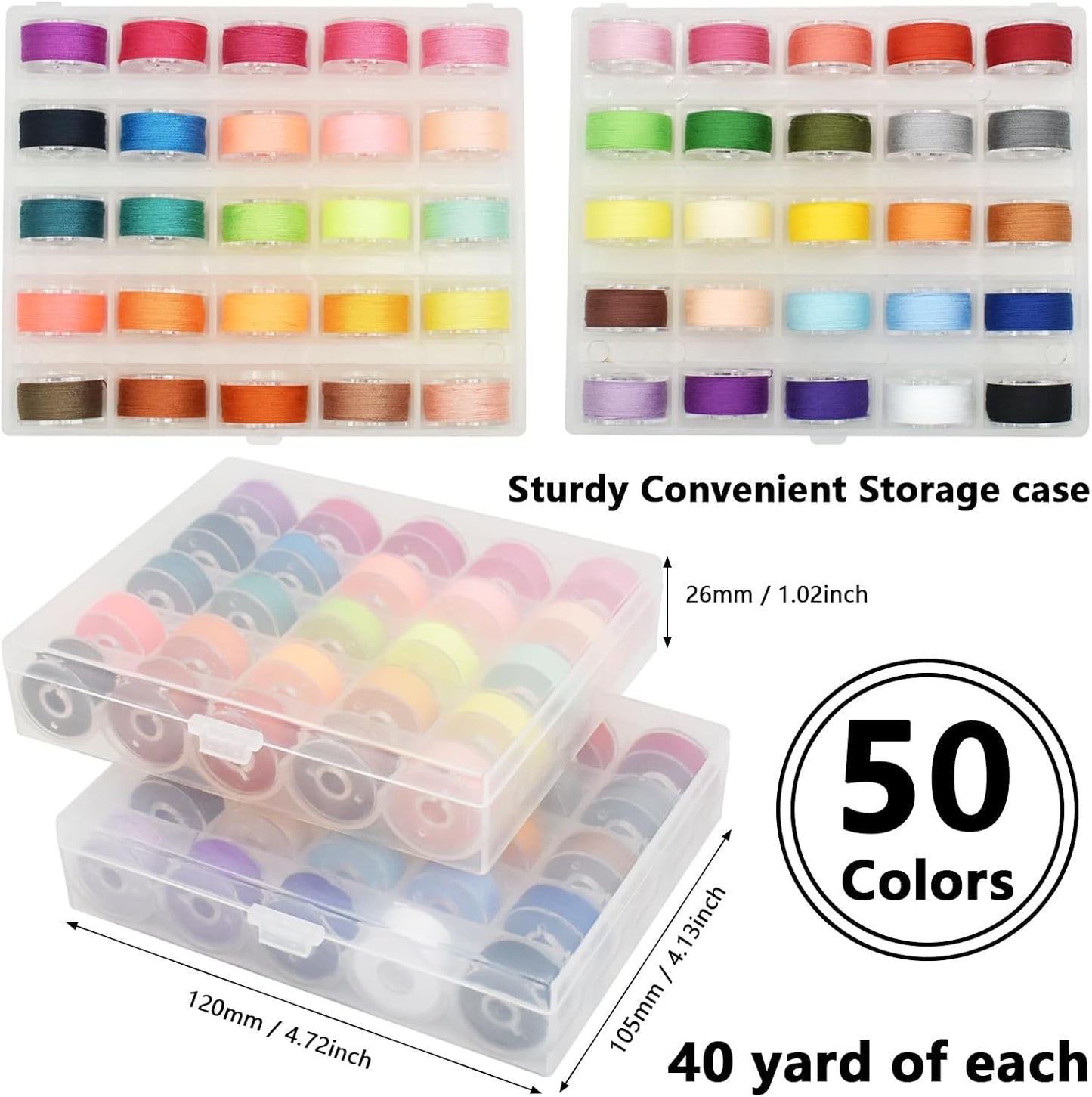 SHRJ 130pcs Sewing Thread kit, 50 Colors Sewing Machine Threads Prewound Bobbins with Bobbin Thread Buddies Storage Needles Assortment, 400 Yards per Spools Polyester Thread