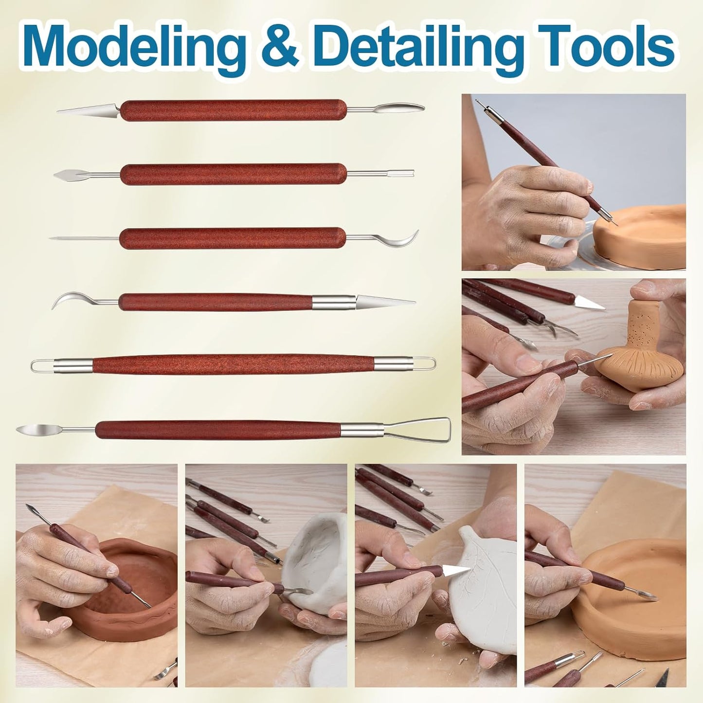 Amrules Clay Tools Kit, 6 PCS Red Wooden Clay Sculpting Tools, Double Head Practical Polymer Tool Set Suitable for Adults, Pottery Craft, Carving, Modeling and Shaping
