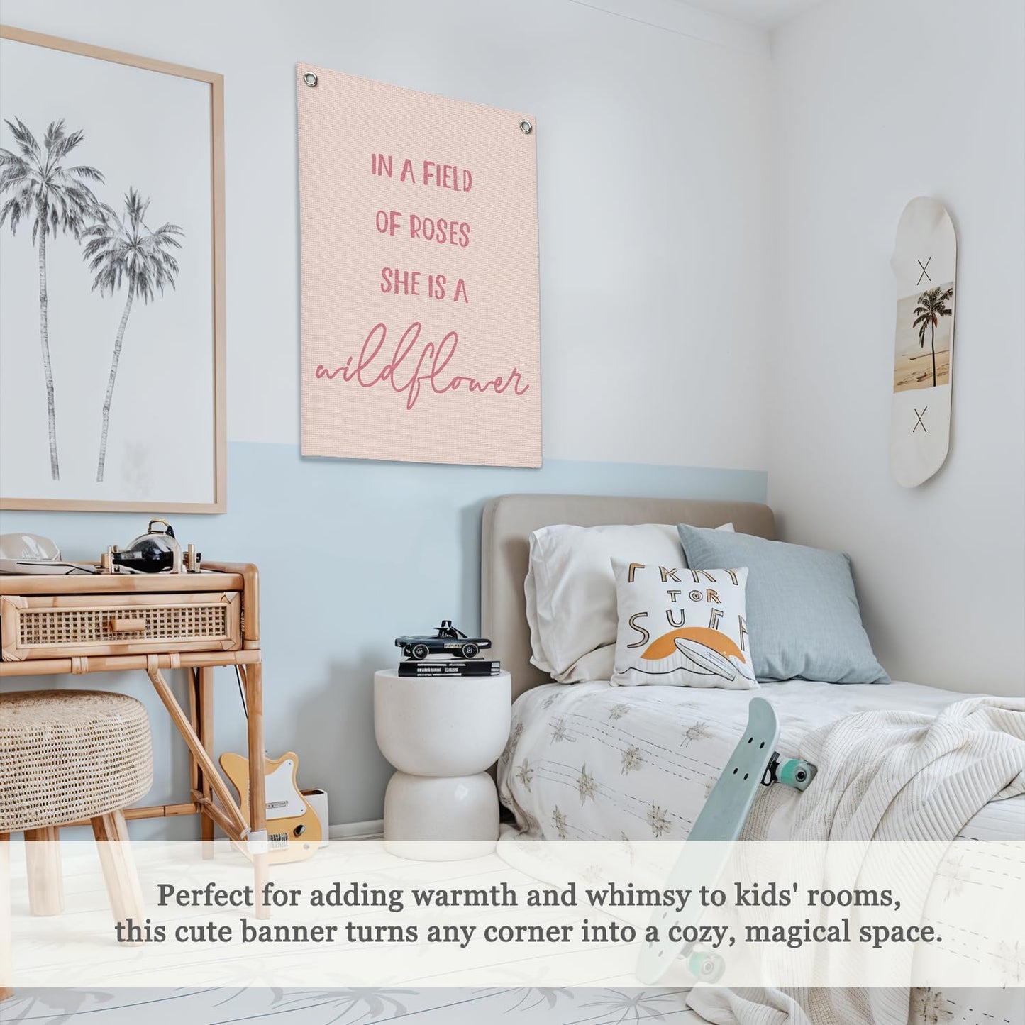 Nursery Decor,Girls Room Decor,Pink Linen Canvas Banner,In a Field Full of Roses She Is a Wildflower Nursery Decor Wall Hanging Flag for Playroom Bedroom Little Girl Room 18x25 Inch