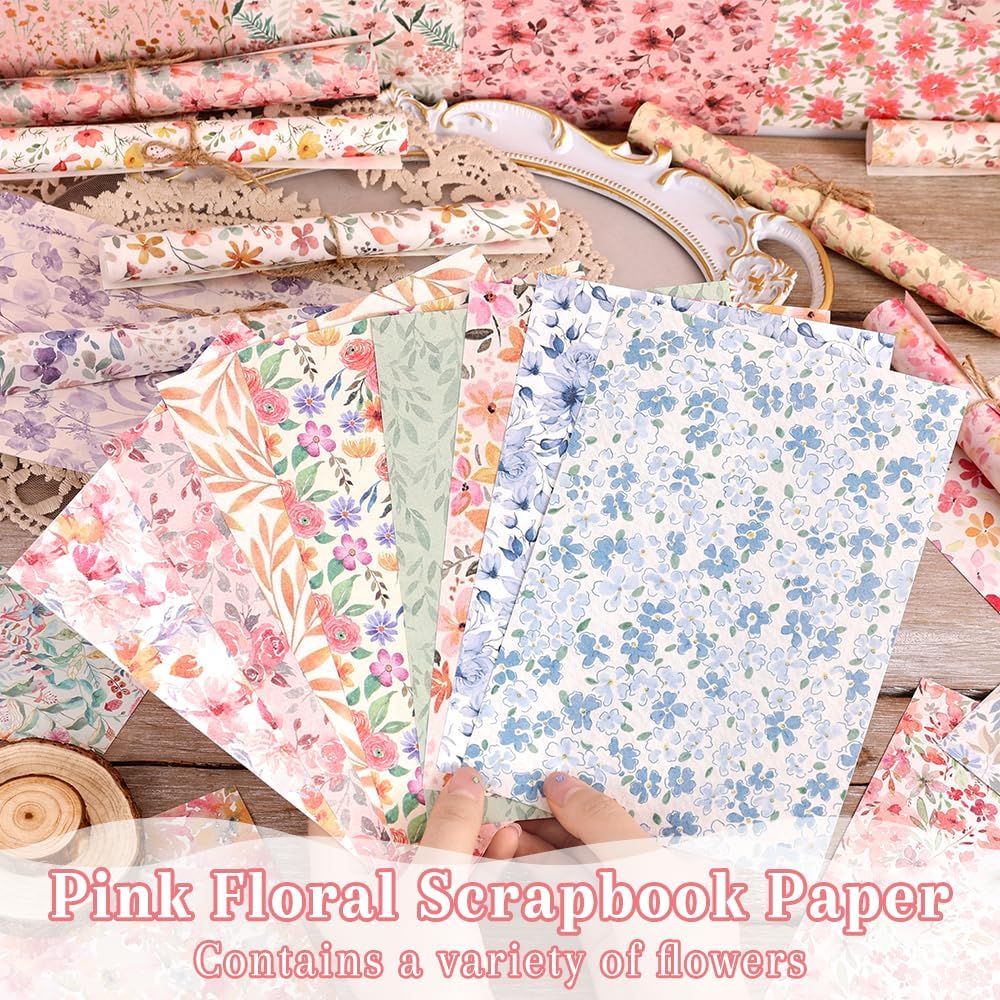 160 Sheets of Pink Flower Scrapbook Paper, journaling Scrapbook Supplies Craft Collage Paper Set, Junk Journal Bullet Journal Poster Room Decor for Card Making Decorative Gifts