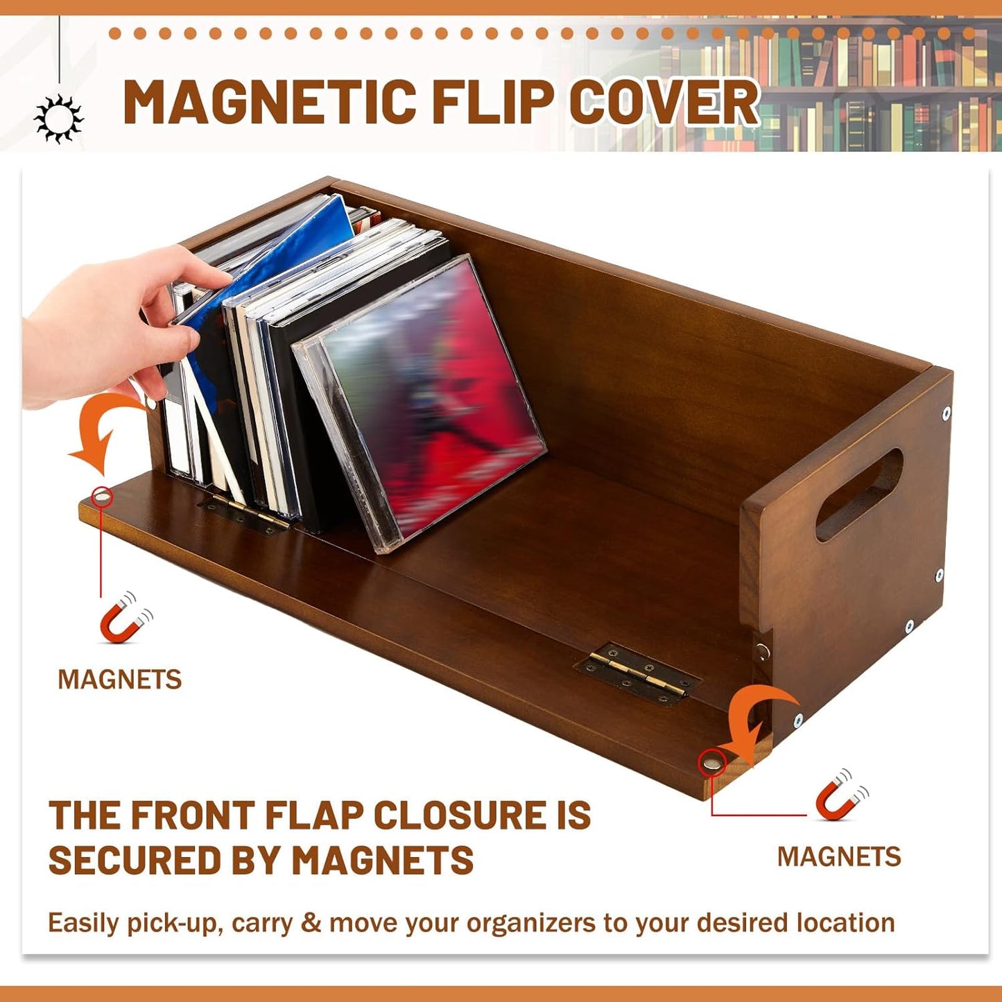 2 Set Wooden CD Storage Box Holder Shelf Cassette Tape Display Racks with Carrying Handles, Organizer Shelf for Movie Cases, DVDs, Each Set Can Store up to 36 Pcs CDs (Brown)