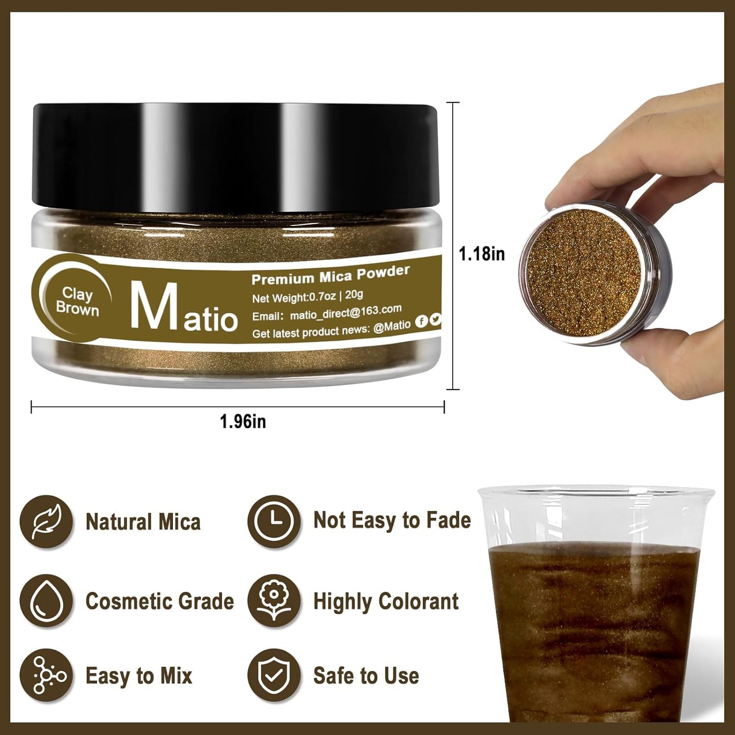 Matio Brown Mica Powder,0.7oz/20g Premium Mica Pigment Powder Natural Epoxy Resin Color Pigment for Soap Dye, Bath Bombs, DIY Arts Crafts Additive Acrylic,Woodworking,Car Freshie Supplies (Clay Brown)