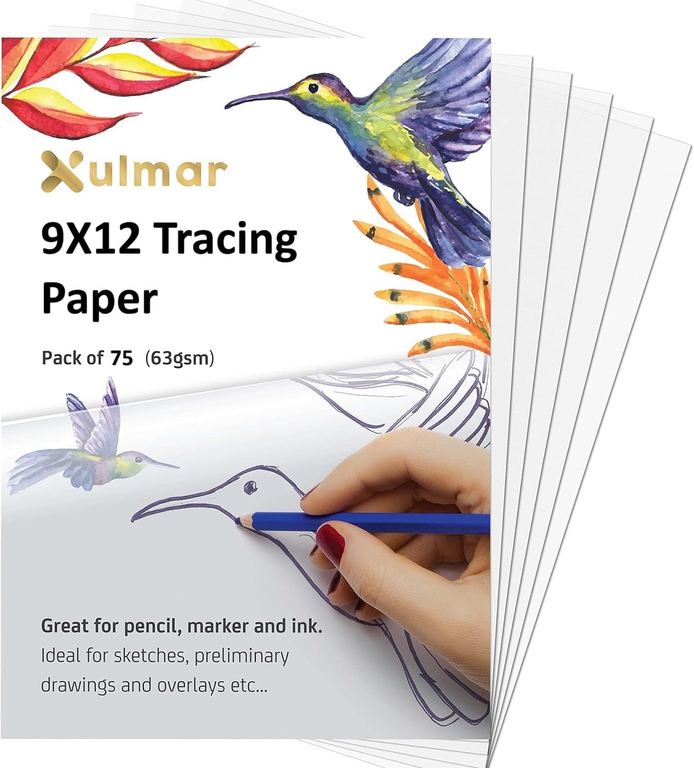 Xulmar 9x12 Tracing Paper 63 GSM - Pack of 75 Sheets Tracing Paper for Sewing Patterns, Drawing Overlays & Sketching on Art Paper & Sketch Book