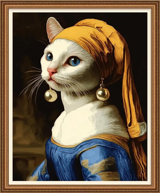 Disnesart Cross Stitch Stamped Full Embroidery Kits DIY 11CT Cotton Thread Printed DIY Needlepoint Kits Craft Needlework Set Cross-Stitch Stamped Sets-Abstract cat with Pearl Earrings 16x20 inch