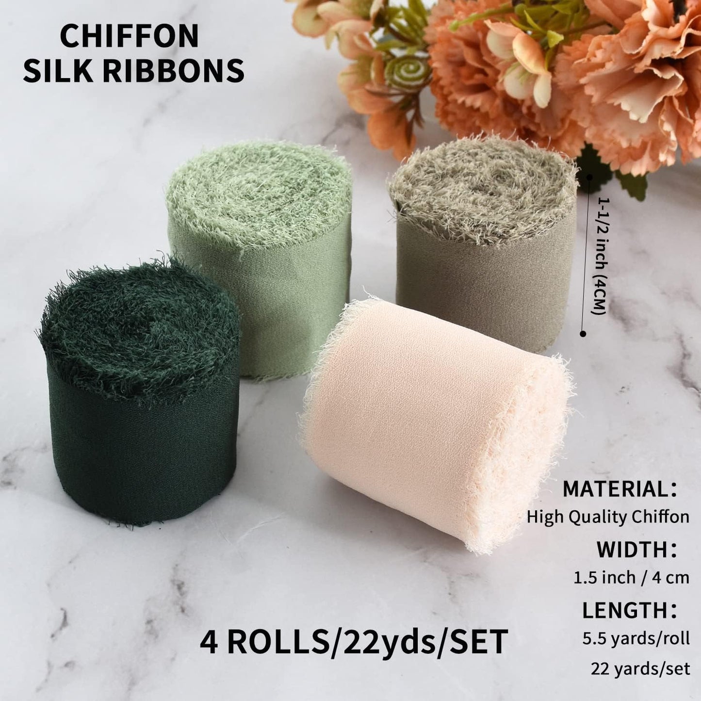 TONIFUL 4 Rolls Silk Chiffon Ribbon, 1-1/2 Inch x 22yds, Sage Green Chiffon Ribbons Set, Handmade Fringe Silk Ribbon for Gift Wrapping Bridal Bouquets Wedding Invitations Decoration Crafts