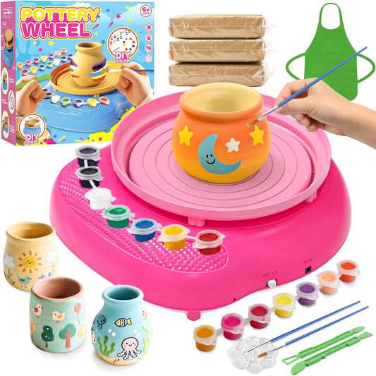 Pottery Wheel for Kids– Complete DIY Pottery Painting Kit for Ages 8-12 Beginners with 4 Air-Dry Clay Packs and Tools, Arts & Crafts Supplies Toys Birthday Gift for Boys Girls 6+ Years Old (Pink)