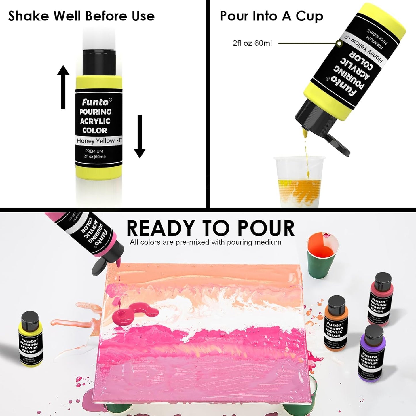 Funto Acrylic Pouring Paint Set, 36 Bottles, with Silicone Oil, High Flow, Pre-Mixed, Art Supplies for Pouring on Canvas, Glass, Wood, Tile, Rocks