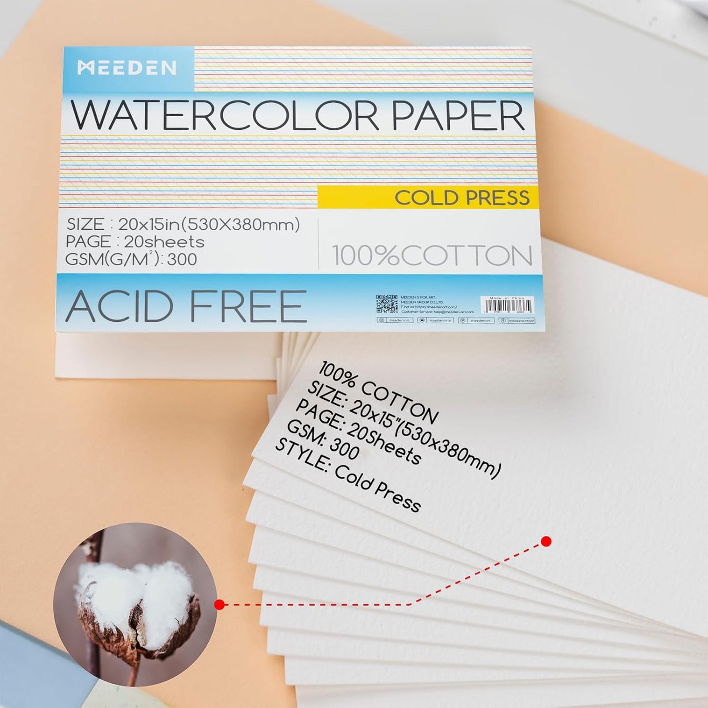 MEEDEN Watercolor Paper Block - 100% Cotton Watercolor Paper Pad of 20 Sheets, 140lb/300gsm, Acid-Free Art Paper for Watercolor, Gouache, Ink and More, 21" x 15" Cold Press
