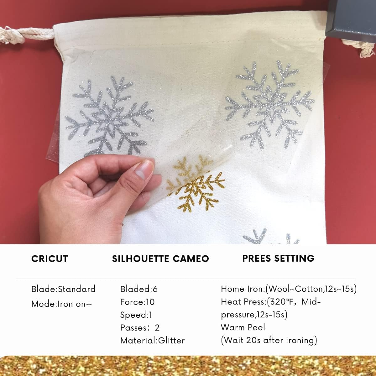 Gold Glitter HTV Heat Transfer Vinyl Bundle 8 sheets-12 x12 Iron on Vinyl for T Shirts Hats Clothing Compatible with Cricut Cameo Heat Press Machine