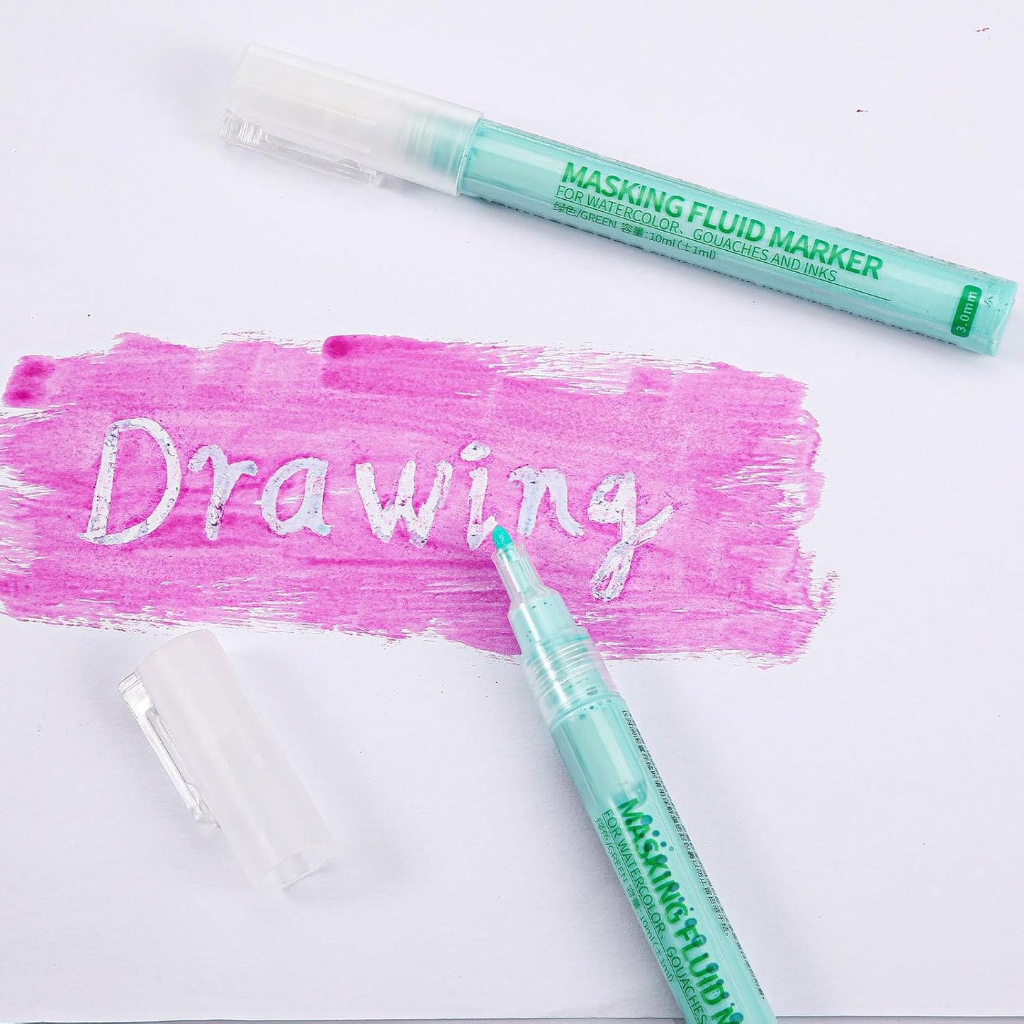 2 Pcs Masking Fluid Pen for Watercolor Painting, Capacity with Applicator Tip, Masking Fluid Marker for Various Art Projects Watercolor Ink(Green,3mm)