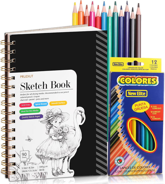 Sketch Book with 12 Color Pencil Set, 90 Sheets Spiral Sketchbook for Drawing (68lb/100gsm), Acid-Free Sketch Pad for Kids Artist, Art Paper Drawing Supplies for Gifts (5.5×8.5 inch)