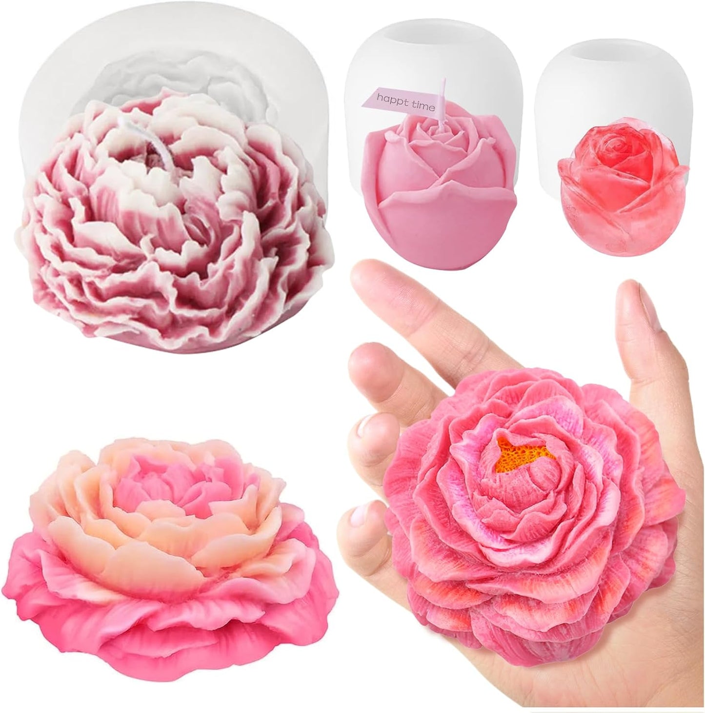 3 Pcs Peony Flower Silicone Candle Molds Set, 3D Peony and Rose Silicone Resin Soap Molds, Flower Fondant Silicone Mold for Handmade Cake Decoration Chocolate Epoxy Casting Resin Craft
