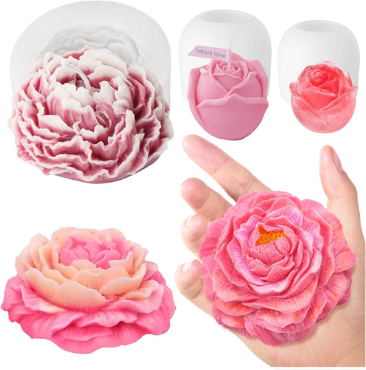 3 Pcs Peony Flower Silicone Candle Molds Set, 3D Peony and Rose Silicone Resin Soap Molds, Flower Fondant Silicone Mold for Handmade Cake Decoration Chocolate Epoxy Casting Resin Craft