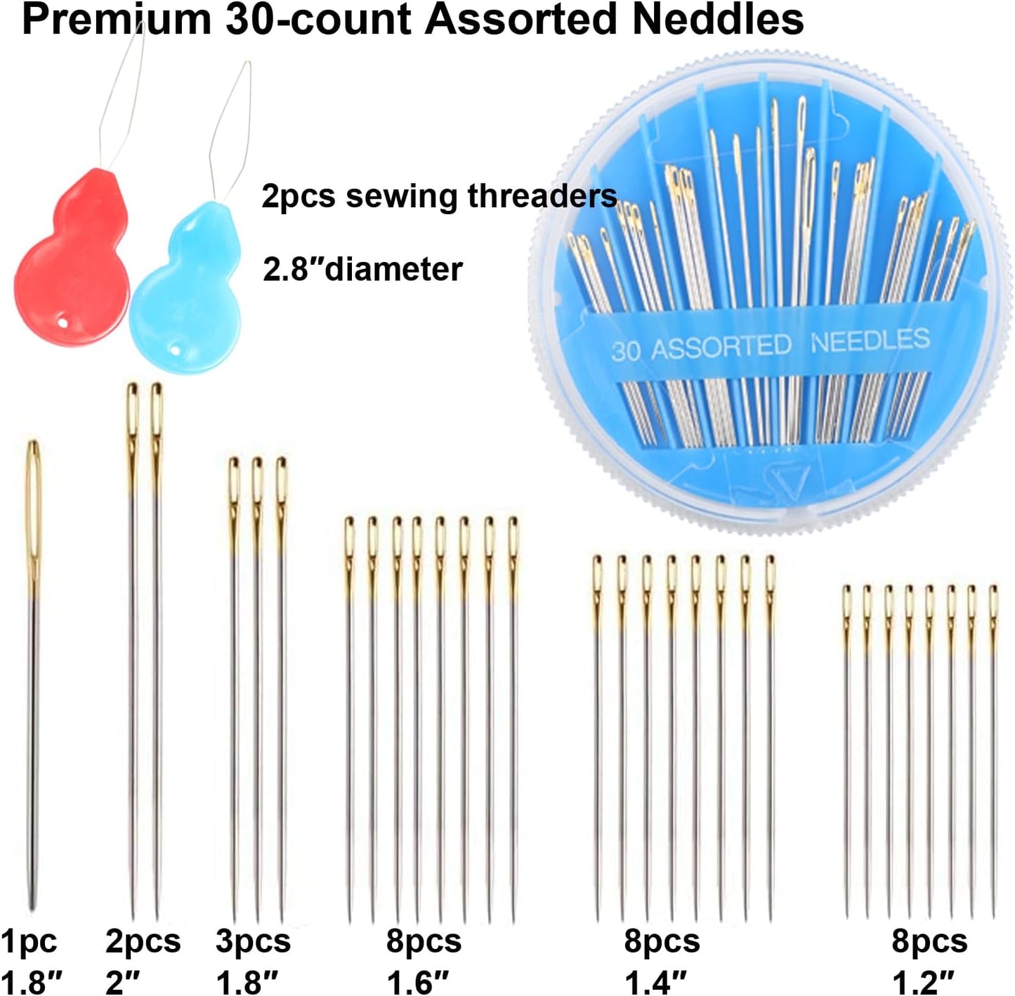 Eketirry 120pcs Premium Hand Sewing Needles，4 Pack 30-Count Assorted Needles for Sewing Repair, 6 Different Sizes Sewing Needles with 2 Threaders (Blue& Black& Pink)