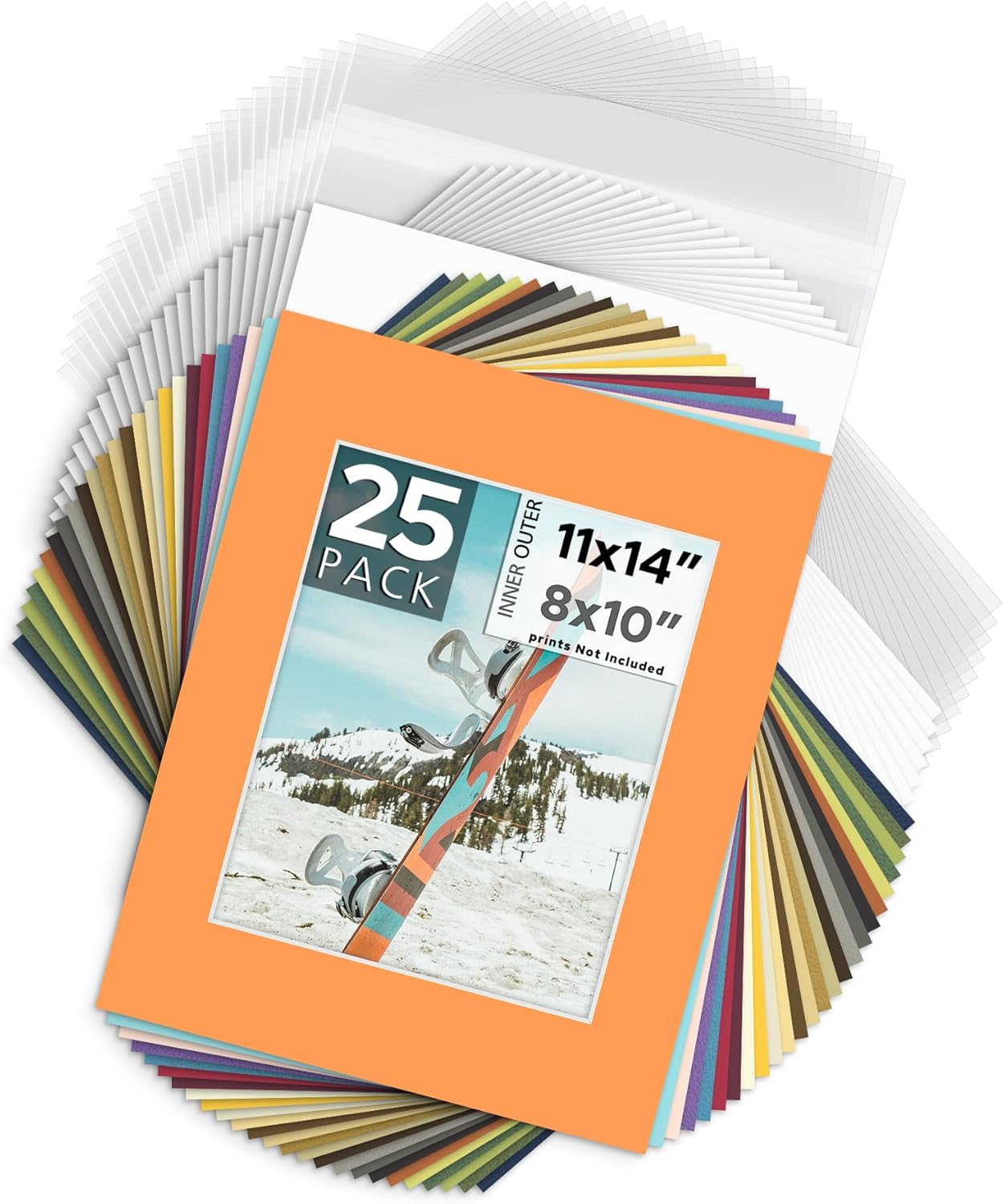 Mat Board Center, Pack of 25, 11x14 for 8x10 Mix Color Picture Mat Sets - Acid Free, 4-ply Thickness, Bevel Pre-Cut White Core - Includes Backing Boards and Clear Bags - for Pictures, Photos, Framing