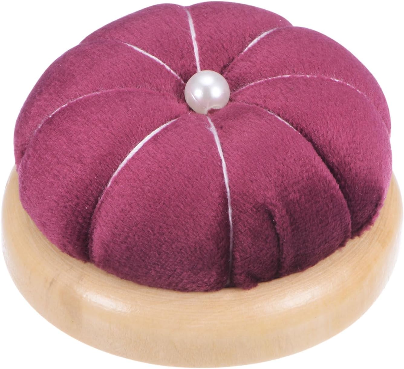 HARFINGTON Wooden Base Pin Cushion Japanese Style Cute Needle Holder Pincushions Round for Sewing Quilting Needlework DIY Crafts, Dark Red